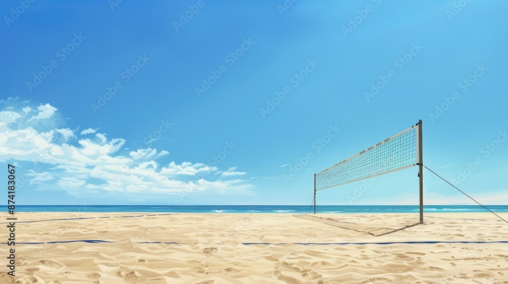 An empty beach volleyball court on a bright summer day, with golden sand and clear blue skies, capturing the serene and sunny coastal setting. An empty beach volleyball court on a bright summer day, with golden sand and clear blue skies, capturing the serene and sunny coastal setting.