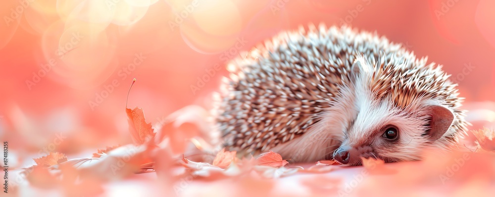 Cute hedgehog with soft brown and white fur curled up on pink background Cute hedgehog with soft brown and white fur curled up on pink background