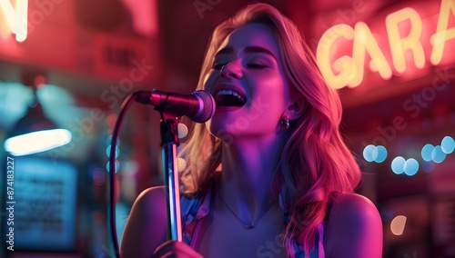 Close up of a beautiful blonde woman singing into a microphone at a karaoke bar, with a neon sign in the background colorful lights, © TigerDude