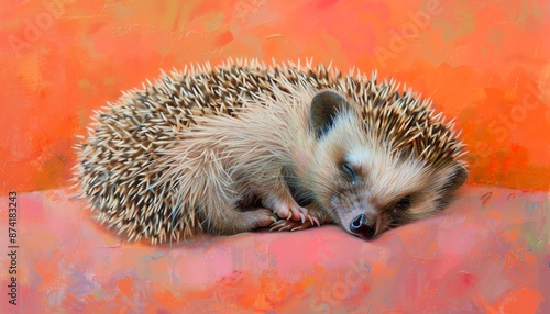 Hedgehog curled up, pastel coral background, detailed spines, bright eyes, realistic capture