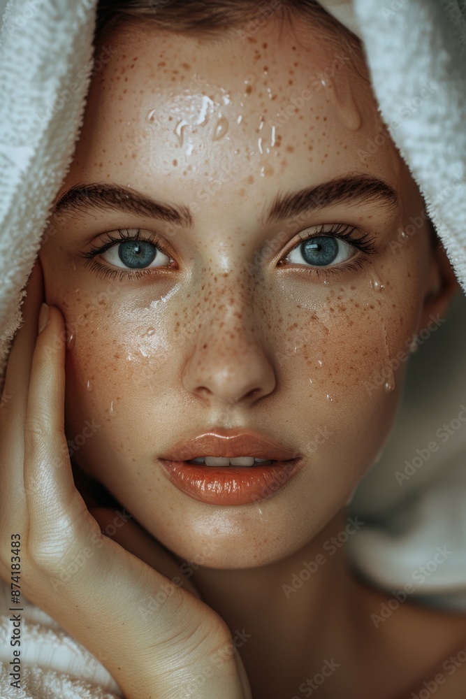 A woman relaxes with a towel wrapped around her head, showing off her freckled skin A woman relaxes with a towel wrapped around her head, showing off her freckled skin