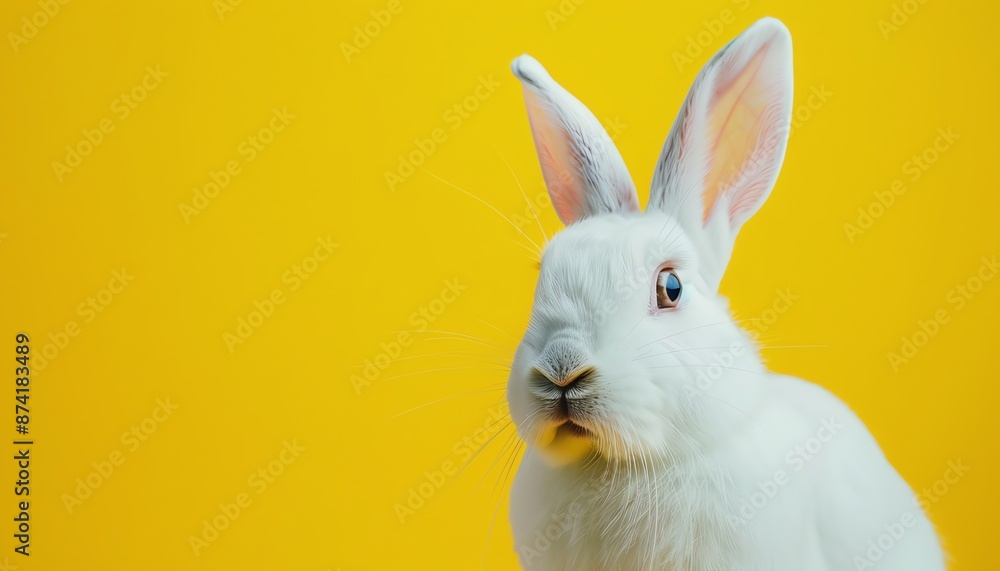 White rabbit with long ears and blue eyes against a yellow background. White rabbit with long ears and blue eyes against a yellow background.