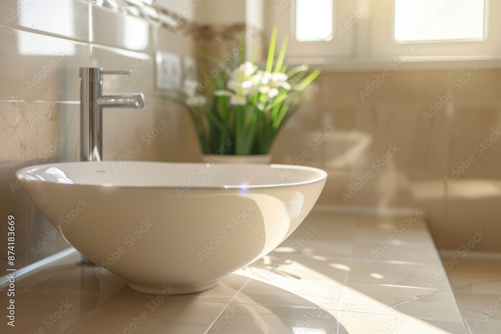 White ceramic bowl placed on bathroom countertop, ideal for still life or minimalist decor compositions White ceramic bowl placed on bathroom countertop, ideal for still life or minimalist decor compositions