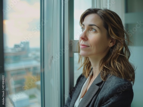 Free Download A woman looks out of a window at a bustling city scene, providing a view of urban life - GFXLoad