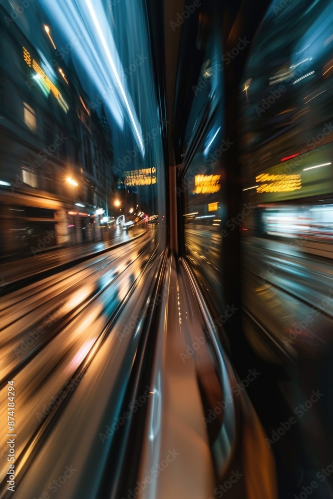 A blurred image of a train moving along the railroad tracks A blurred image of a train moving along the railroad tracks