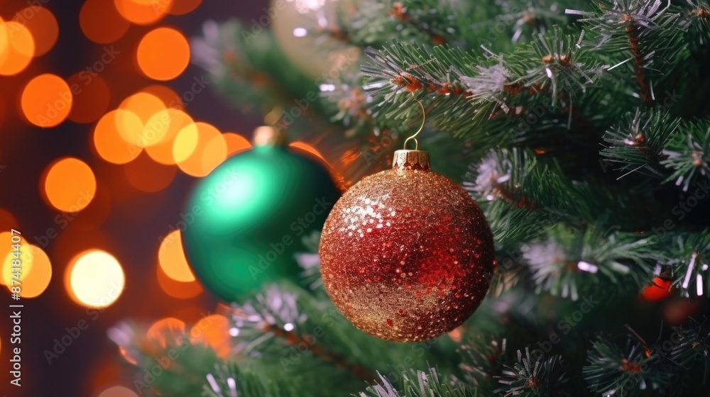 A close-up view of a Christmas tree ornament, ideal for holiday greetings or winter-themed designs A close-up view of a Christmas tree ornament, ideal for holiday greetings or winter-themed designs