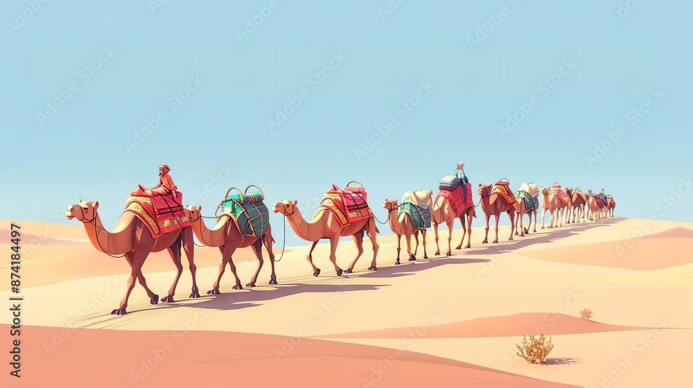 A caravan of camels walks across a desert landscape. A caravan of camels walks across a desert landscape.