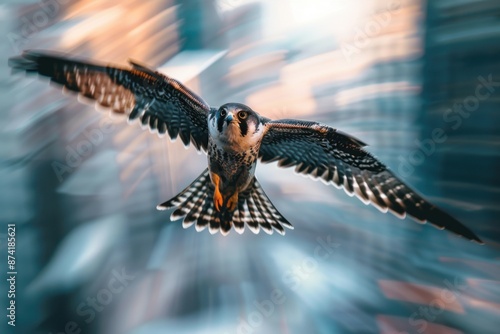 Falcon striking drone mid-air, action frozen. Canon EOS-1D X Mark III with 400mm f/2.8 lens, high-speed sync flash. Cityscape blur below.   photo