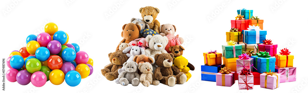Set of piels, toys, gifts, balls on png background. Set of piels, toys, gifts, balls on png background.