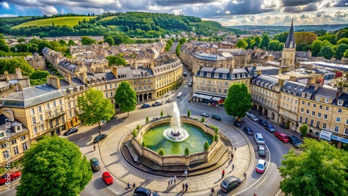 Amazing beautiful aerial view near the Laura Place Fountain, the Bath Spa, Famous tourist location of England, Great British