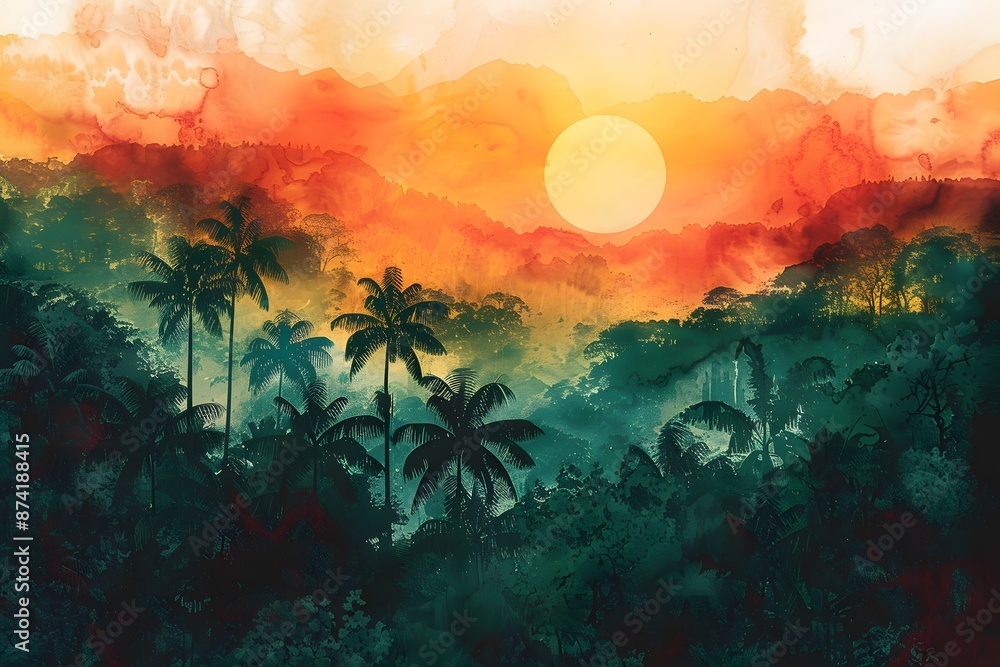Vibrant Sunset Over a Lush Tropical Jungle Vibrant Sunset Over a Lush Tropical Jungle