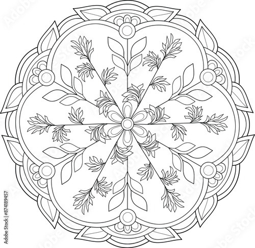 A zen mandala illustration,black and white image for relaxation. photo