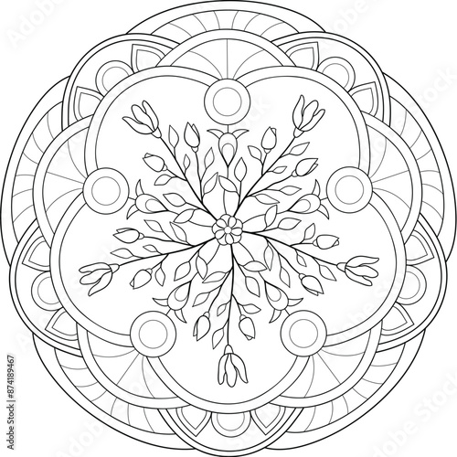 A zen mandala illustration,black and white image for relaxation. photo