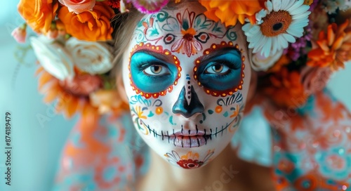 Close Up Portrait of Woman Wearing Traditional Mexican Day of the Dead Makeup