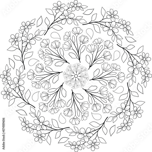 A zen mandala illustration,black and white image for relaxation. photo