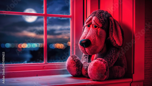 Sad dog plush toy sits alone on a window ledge with red interior light and full moon in the night sky, neglected and unloved waiting for his owner to return home. 