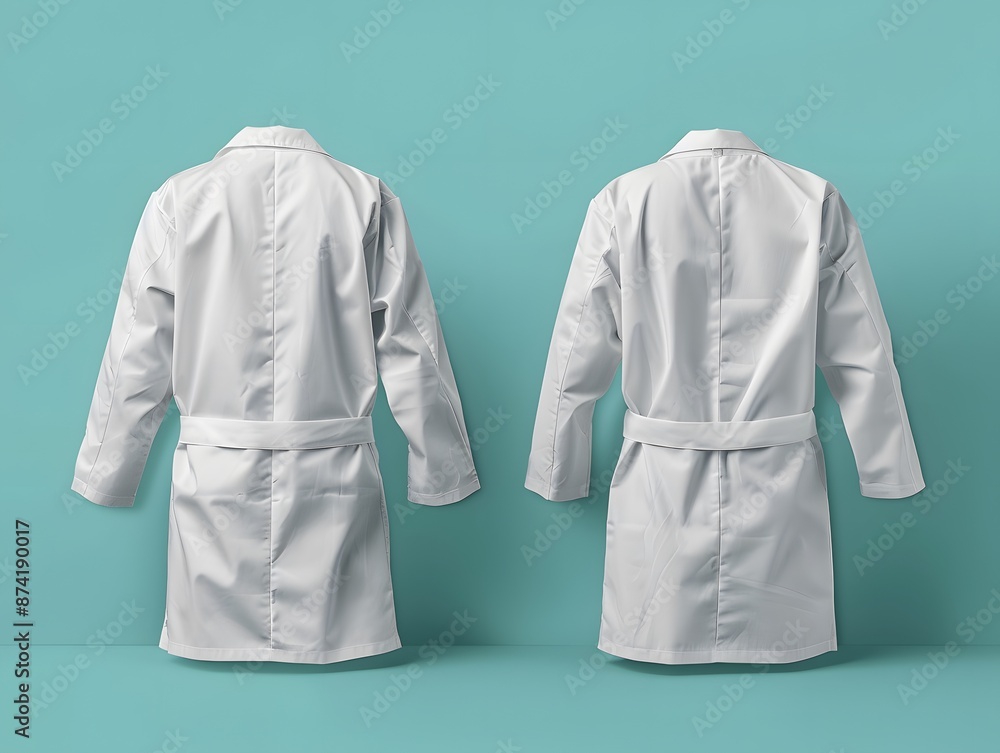 Back View of Two White Lab Coats on a Turquoise Background Back View of Two White Lab Coats on a Turquoise Background