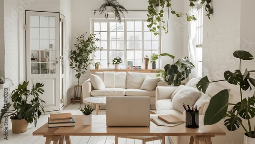 white living room interior with big window, glass door, fresh plants, wooden desk