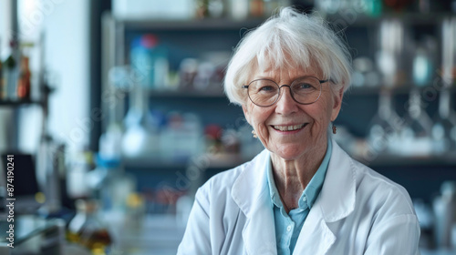 A smiling woman in a lab coat looks directly at the camera