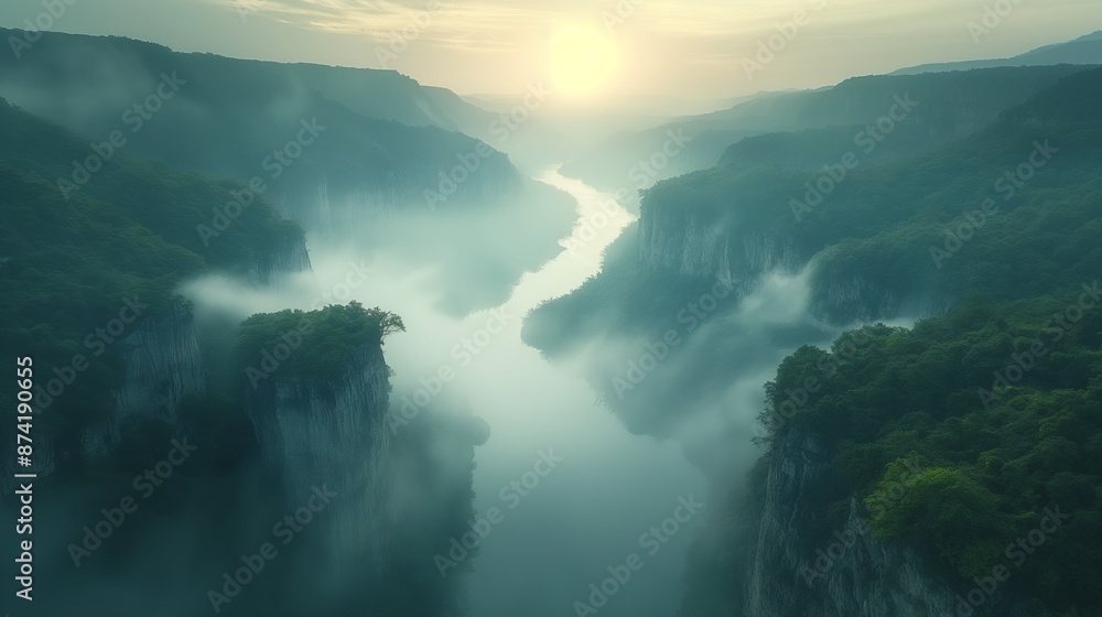 An aerial view of the Guizhou Canyon in China at sunrise, showcasing a winding river flowing through the misty mountains. An aerial view of the Guizhou Canyon in China at sunrise, showcasing a winding river flowing through the misty mountains.