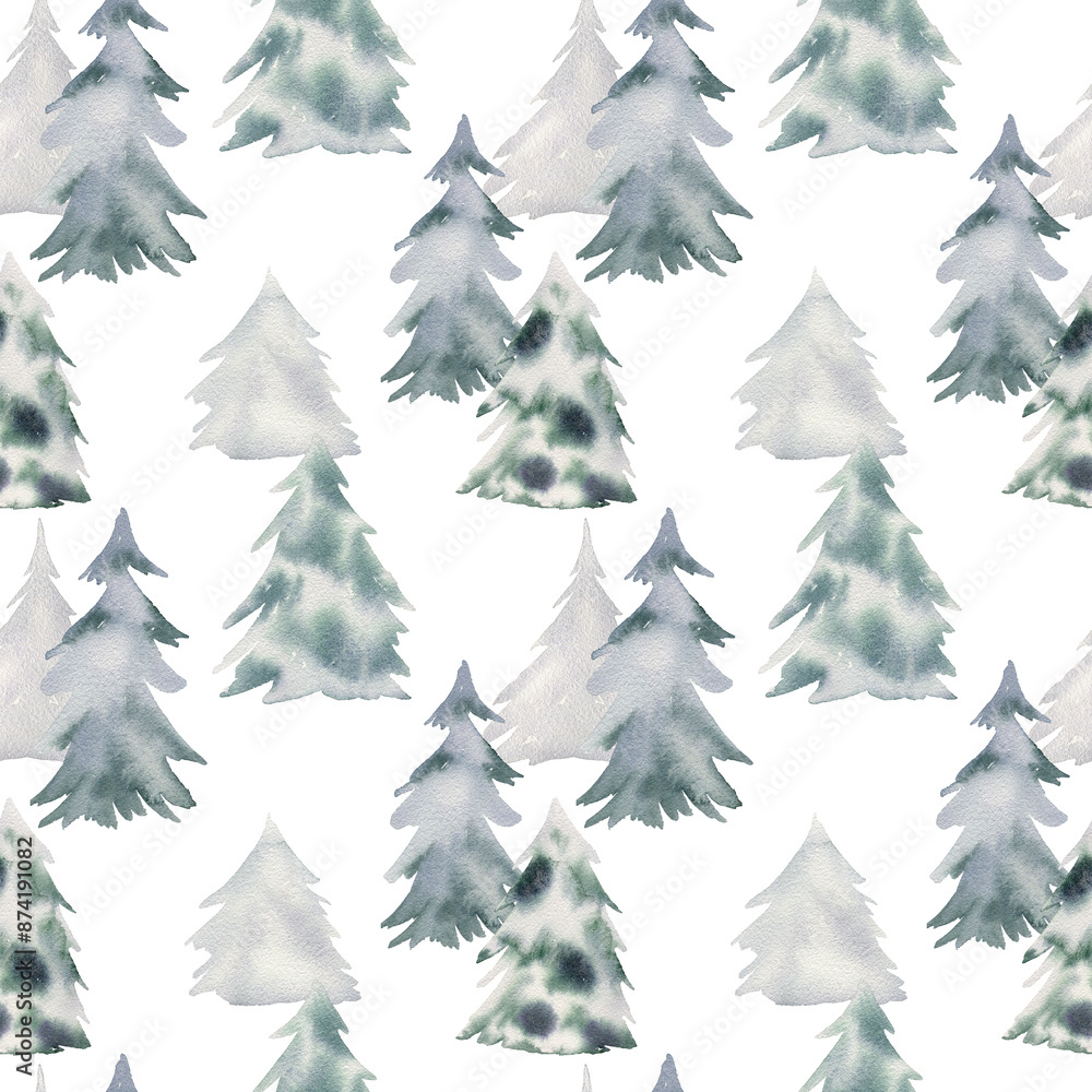 Obraz premium Watercolor winter seamless pattern with spruces for fabric, wrapping paper, etc.