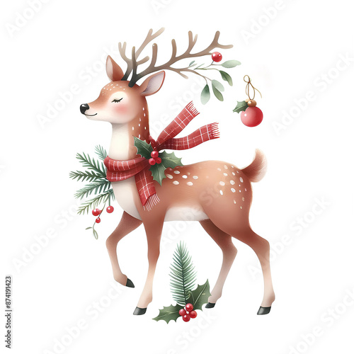 Watercolor painting of deer christmas theme on​​ white background