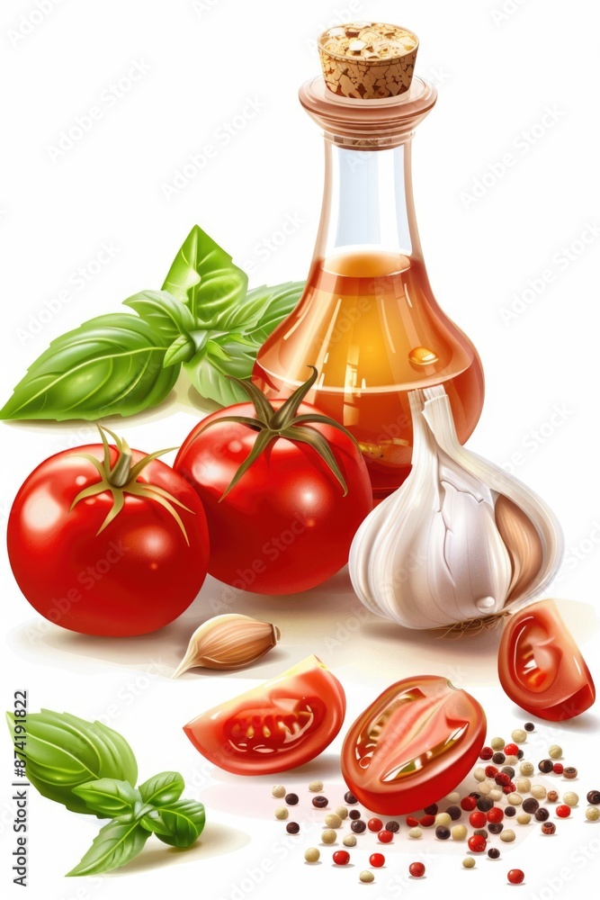 Olive oil with tomatoes and garlic, perfect for cooking or as a prop Olive oil with tomatoes and garlic, perfect for cooking or as a prop