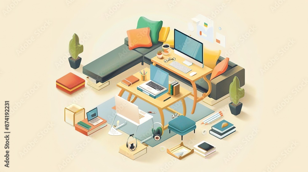 Illustration, A student's comfortable and well-equipped remote learning space, with a variety of study tools and ergonomic furniture, and copy space on the bottom, illustrating the Illustration, A student's comfortable and well-equipped remote learning space, with a variety of study tools and ergonomic furniture, and copy space on the bottom, illustrating the