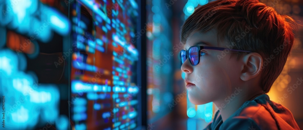 Boy immersed in online learning, virtual classroom on screen, Kid with computer, modern education system Boy immersed in online learning, virtual classroom on screen, Kid with computer, modern education system