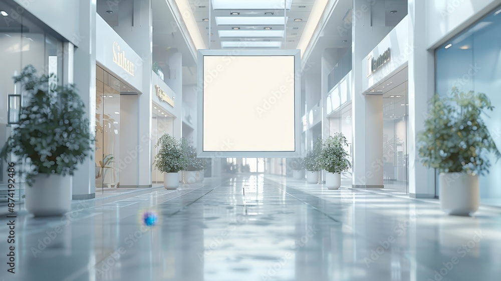 Modern shopping mall interior with bright lighting, empty walkway, and blank billboard in the center, offering advertisement space. Modern shopping mall interior with bright lighting, empty walkway, and blank billboard in the center, offering advertisement space.