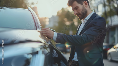 Fototapeta Naklejka Na Ścianę i Meble -  leasing agent is checking leased vehicle, ensuring it meets all return condition standards.Carefully examining the exterior,they look for any scratches,dents,other signs damage.They note the condition