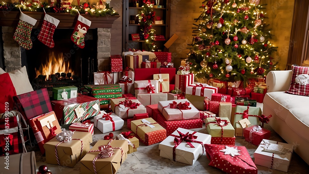 Interior living room with a Christmas tree and gifts Interior living room with a Christmas tree and gifts