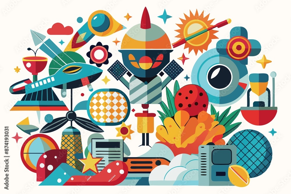 Fragmented collage of Surrealist objects on white background, distorted ...