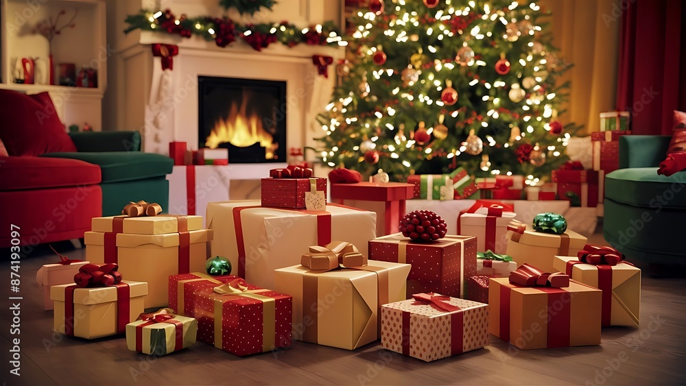 Interior living room with a Christmas tree and gifts Interior living room with a Christmas tree and gifts
