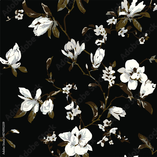 Big flowers pattern, upscale floral pattern. graphical textures floral, trendy colors pattern,Monochrome, flowers background with leaves. vector illustration.