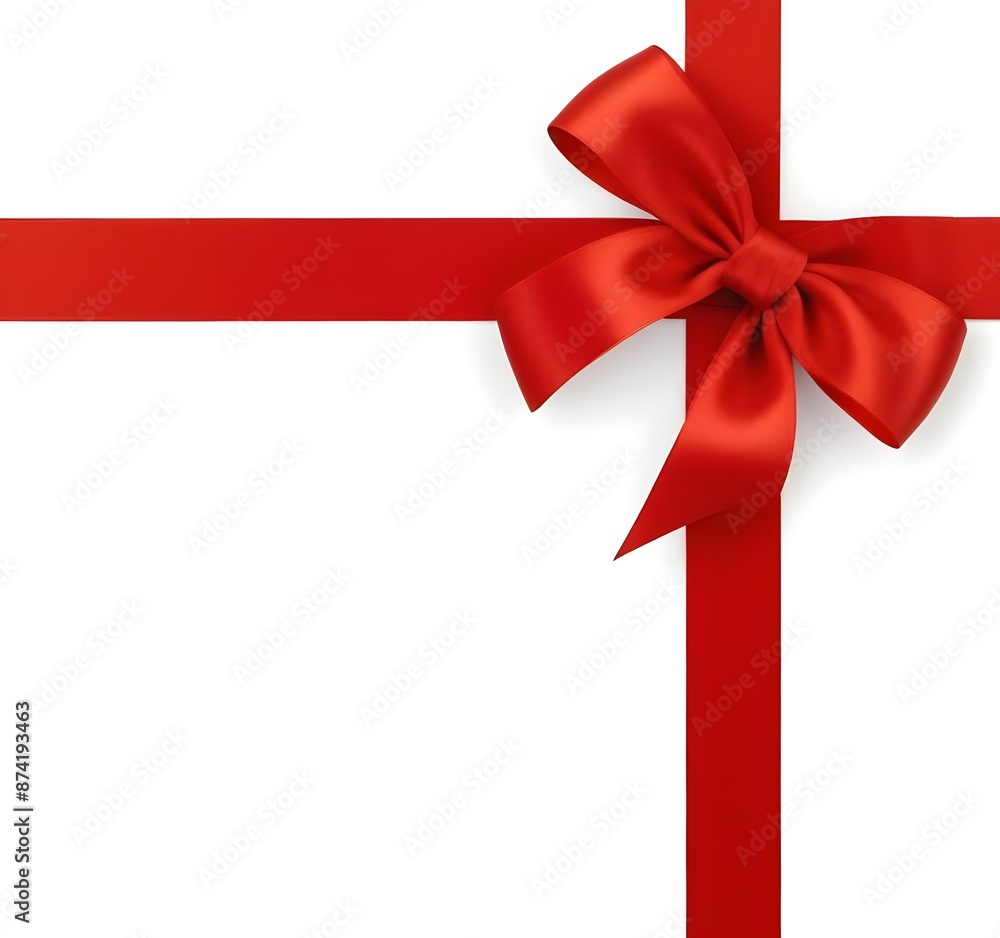 Red bow and ribbon on the lid of a white gift box with copy space Red bow and ribbon on the lid of a white gift box with copy space