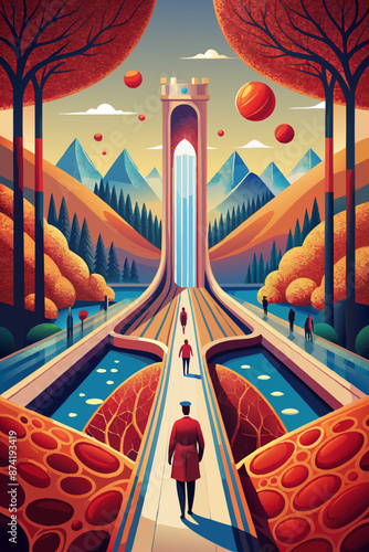 Majestic Autumnal Fantasy Landscape with Towering Castle and Strolling Figures