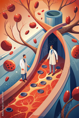 Doctors Examining Giant Blood Vessels in Surreal Medical Illustration