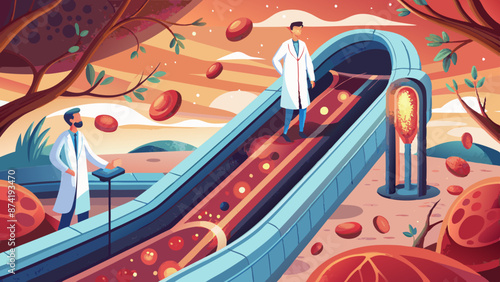 Surrealistic Scientists Exploring a Pizza Landscape in Vibrant Illustration