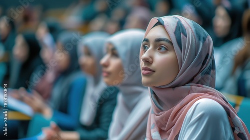 Muslim student participates in a university lecture, engaging actively with the professor The diverse classroom environment fosters learning and cultural exchange