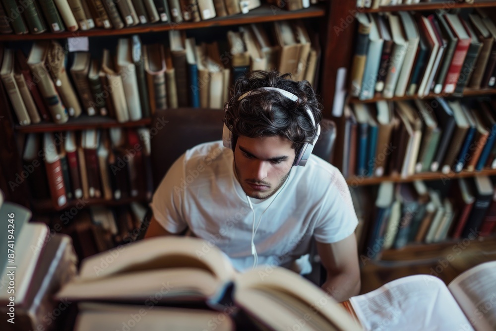 A person studying or relaxing with music, surrounded by books A person studying or relaxing with music, surrounded by books