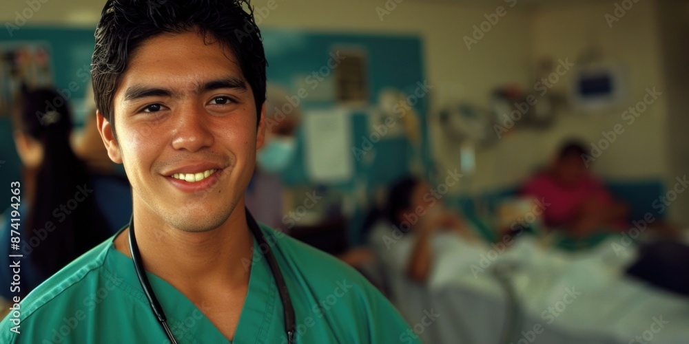 Fototapeta premium A happy man posing with a bright smile, wearing a green shirt