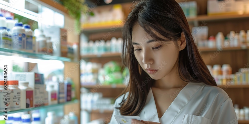 A woman examines her smartphone while shopping in a pharmacy