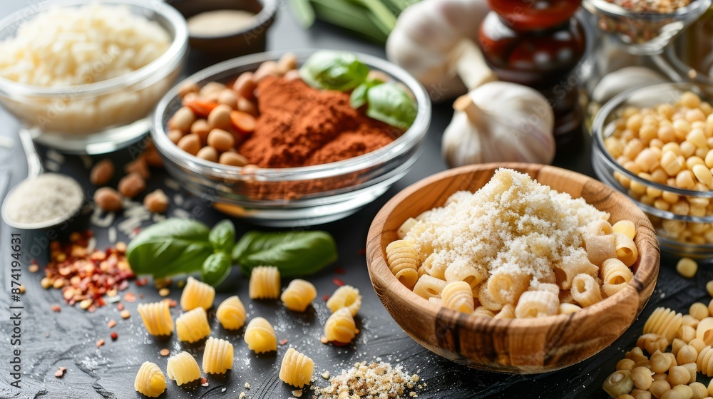 Close Up Of Pasta With Grated Cheese, Spices, Rice, And Chickpeas On A Black Background Close Up Of Pasta With Grated Cheese, Spices, Rice, And Chickpeas On A Black Background