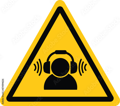 Hearing protection icon. High noise level warning sign. Yellow triangle sign with a human head icon with headphones inside symbol. Warning sign high noise levels logo. flat style.