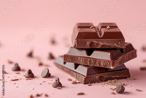 A stack of chocolate bar pieces, pink background with small pieces and drops of chocolate.