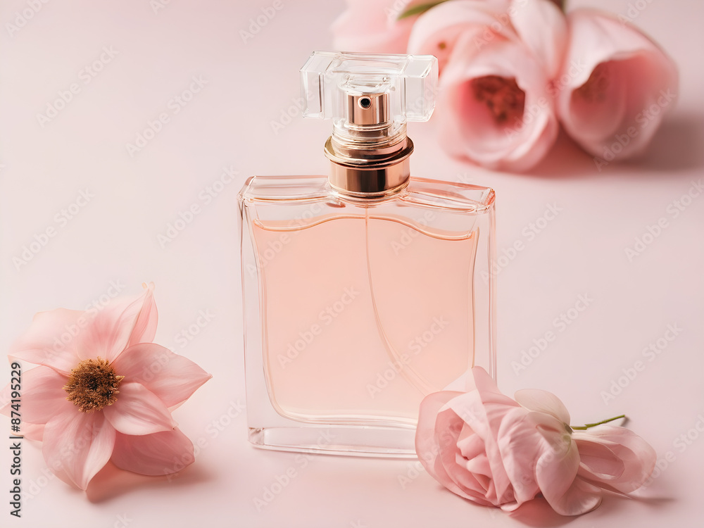 soft pink bottle of perfume with flower soft pink bottle of perfume with flower
