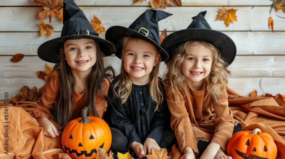 Group of little children in colorful Halloween costumes holding jack-o'-lanterns, smiling joyfully. Group of little children in colorful Halloween costumes holding jack-o'-lanterns, smiling joyfully.