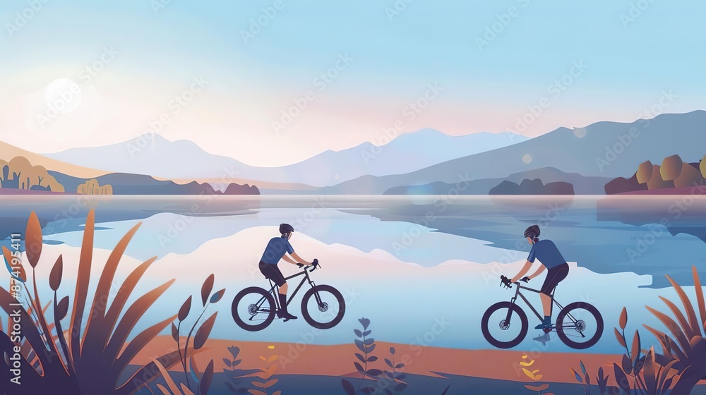 Fototapeta premium Cyclists resting by a lakeside, taking a break from their ride, with bikes parked and a serene water view