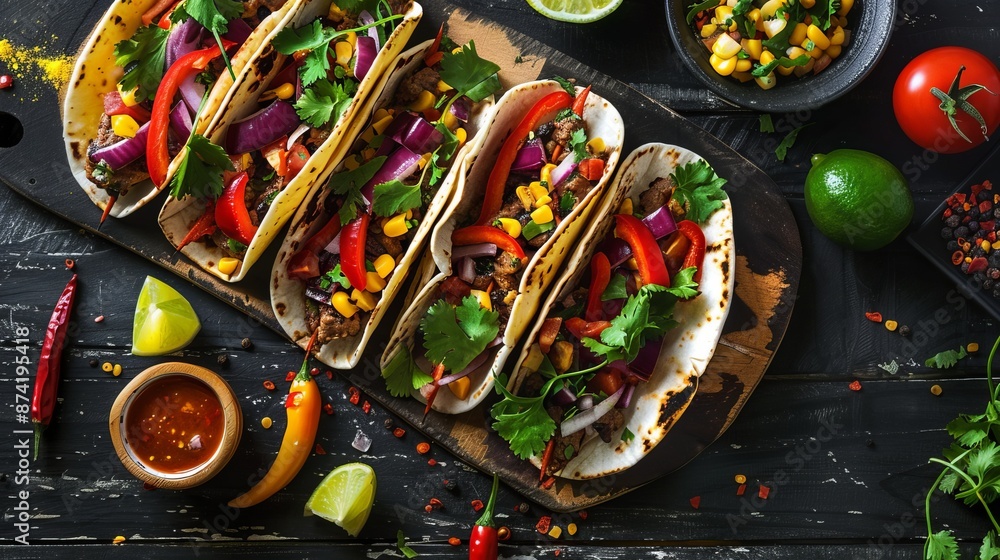 Fototapeta premium Tacos, fast food photo, located on the center, culinary photography